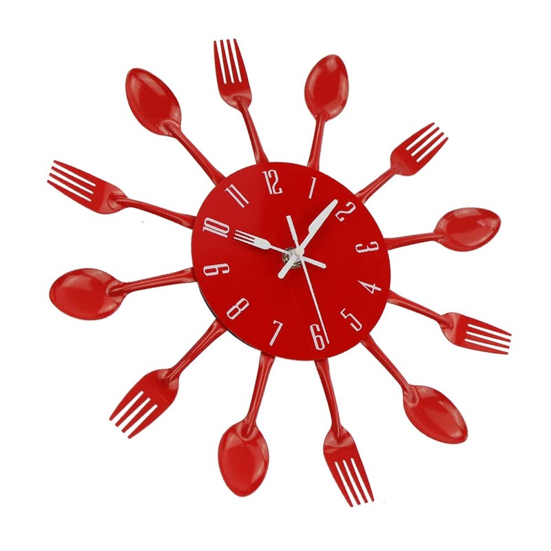 Timelike Kitchen Wall Clock, 3D Removable Modern Creative Cutlery Kitchen Spoon Fork Wall Clock Mirror Wall Decal Wall Sticker Room Home Decoration (Red) - Image 3